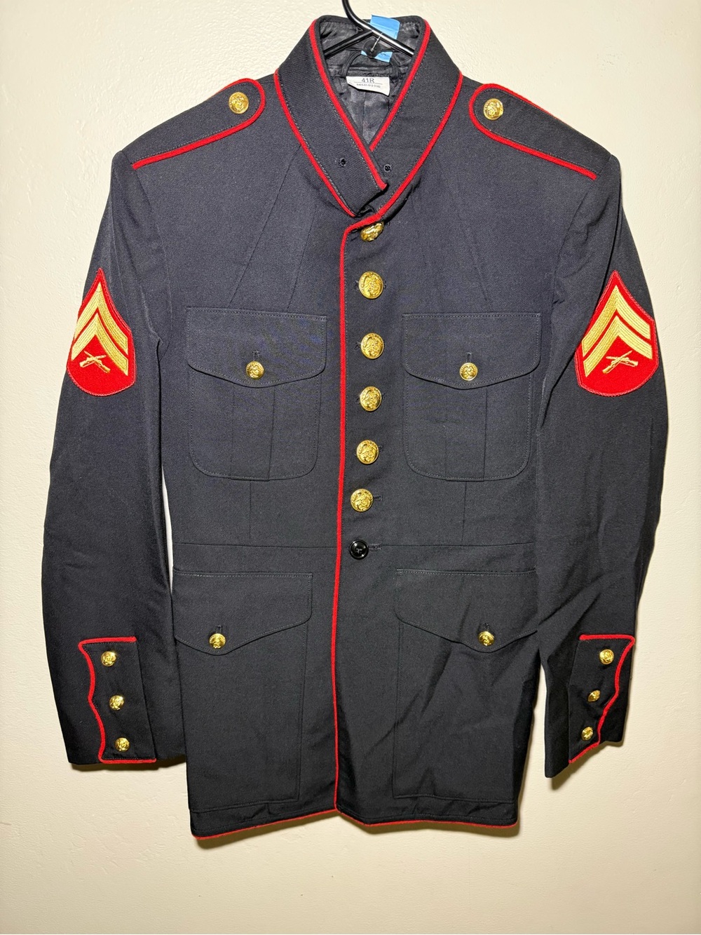 USMC Men's Military-Style Dress Jacket in Dark Navy with Red Piping